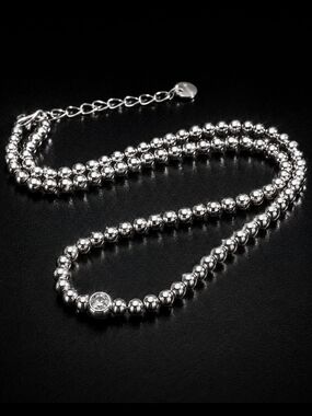 Silver Beaded Necklace with Center Crystal